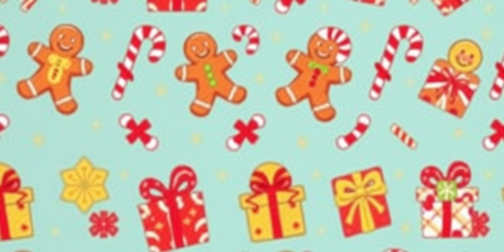 Create a seamless wallpaper design featuring festive elements like gingerbread men, candy canes, and wrapped gifts in a colorful, whimsical style, captured with a DSLR camera at f/8 aperture, 50mm lens, natural lighting, and a shallow depth of field to enhance the vibrancy and detail of the pattern.
