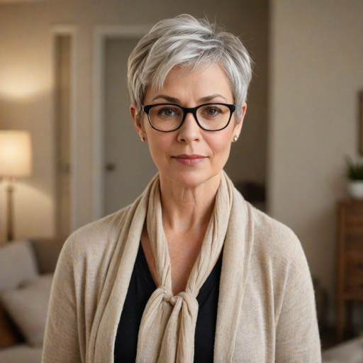 Portrait of a mature woman with short silver hair, styled in an asymmetrical pixie cut with side bangs. She wears black-framed glasses and a beige blouse with a white cardigan over it, as well as a bulky scarf in neutral tones. The woman is indoors with soft lighting and a blur in the background. Her expression is serene and confident, highlighting her elegance and modern style.