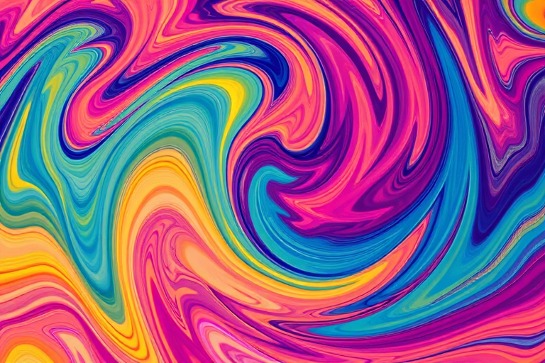 Create a vibrant abstract image of swirling patterns with dynamic colors in a seamless flow, captured with a Canon EOS R5, 50mm lens, aperture set to f/2.8, shutter speed 1/125 sec, in a top-down view for enhanced depth and texture.