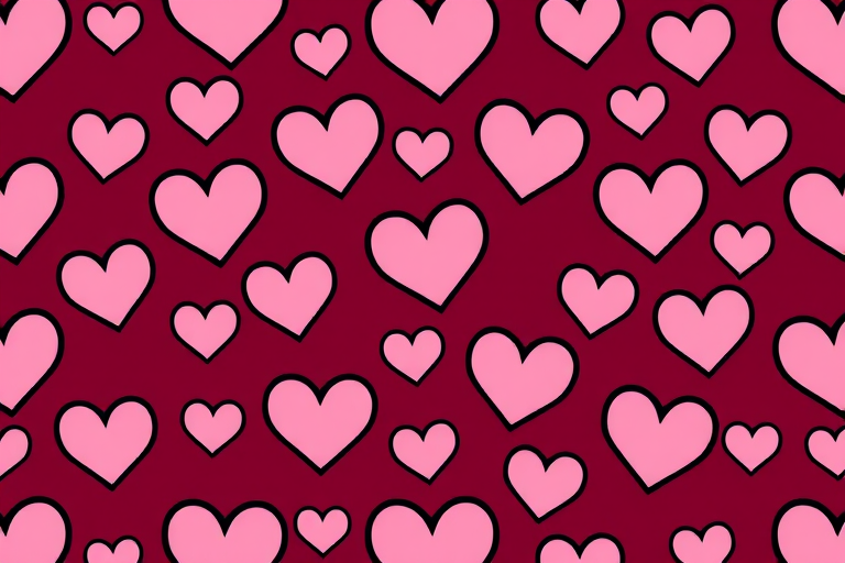 Create a seamless pattern of pink hearts with a black outline on a deep burgundy background, using a high-resolution camera, set to f/8 aperture, ISO 100, 50mm lens, top-down view, vibrant colors, sharp focus.