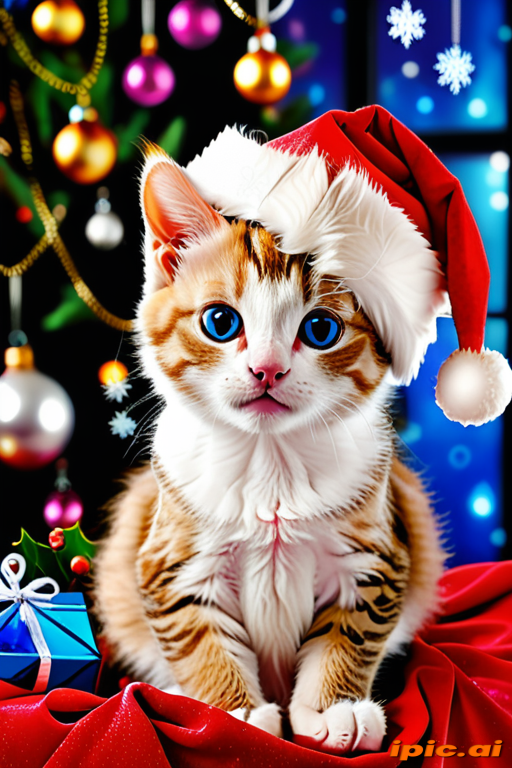 Festive Feline: Adorable Cat in Santa Hat Surrounded by Holiday Decorations