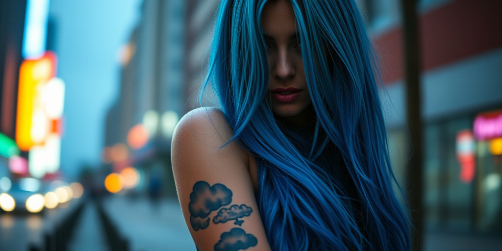 cute, seductive, cloud tattoos on arm, outdoor, intense blue long hair,  neon light passing through hair,  (city background), (depth of field), (artistic photo), (analog film grain), (photo), cinematic shot, bokeh, realistic