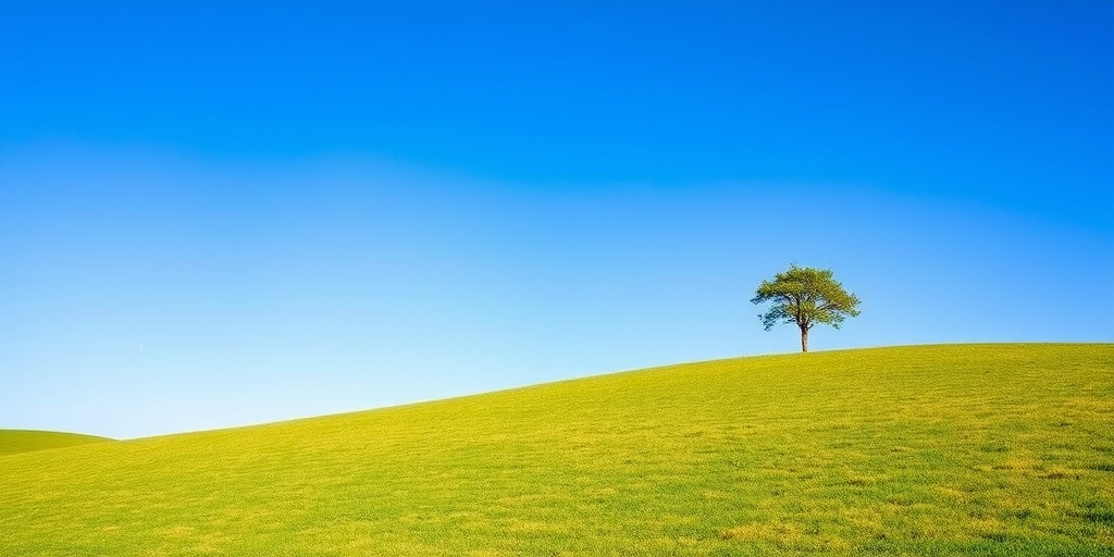 generate a serene landscape with a solitary tree on a gentle hill under a clear blue sky, use a wide-angle lens, f/8 aperture, ISO 100, 1/250 sec shutter speed, shoot from a low angle for depth, apply soft sunlight for a warm tone and vivid green colors.