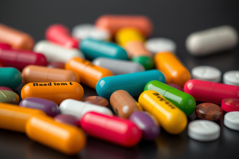 Close-up shot of assorted colorful capsules and tablets on a dark background, with a shallow depth of field, macro lens, f/2.8 aperture, ISO 200, 50mm lens, natural lighting.