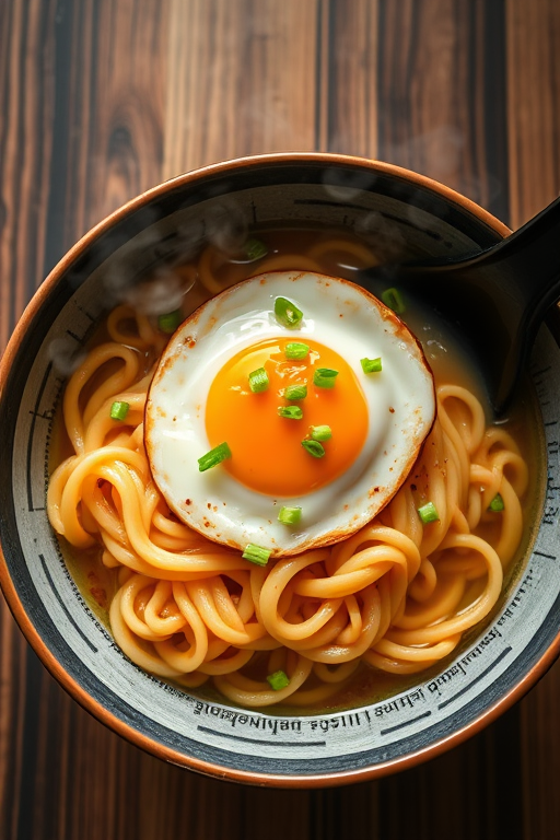 A bowl of steaming ramen noodles with a perfectly cooked egg on top, garnished with green onions, shot with a Canon EOS R, 50mm lens, f/2.8 aperture, 1/60 sec shutter speed, natural soft light from the left, top-down perspective for clarity and detail.