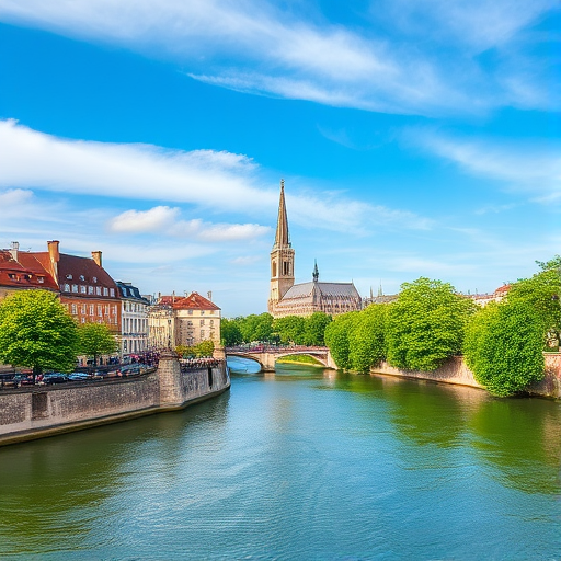 Generate a high-resolution image of a picturesque river scene in a European city with historical architecture, a tall cathedral spire in the background, vibrant green trees lining the riverbanks, and a clear blue sky with soft clouds, using a DSLR camera with a 24mm lens, aperture set to f/8, ISO 100, and shot from a high vantage point for a panoramic view.