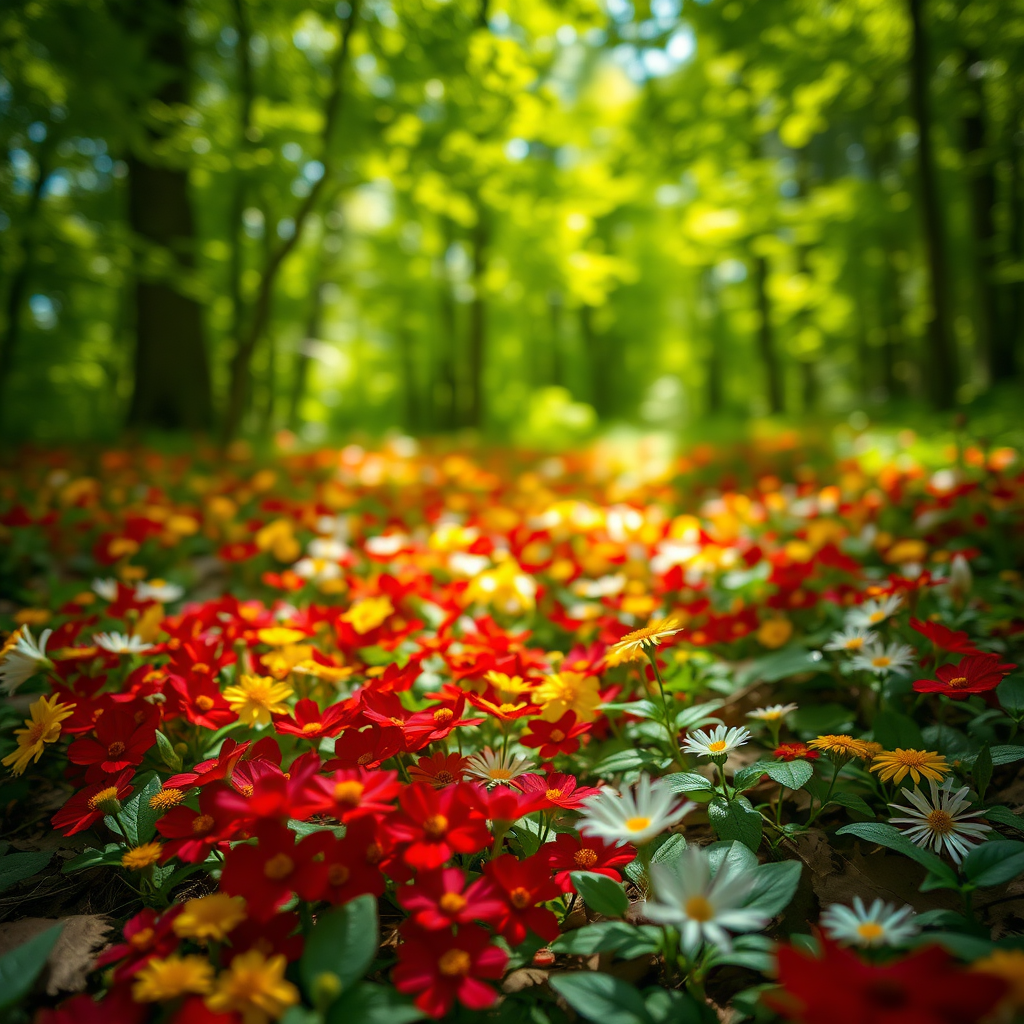 lush forest floor filled with vibrant red, yellow, and white flowers, dappled sunlight filtering through green leaves, shallow depth of field, shot with a DSLR camera at 50mm, aperture f/2.8, ISO 200, natural daylight, soft focus background