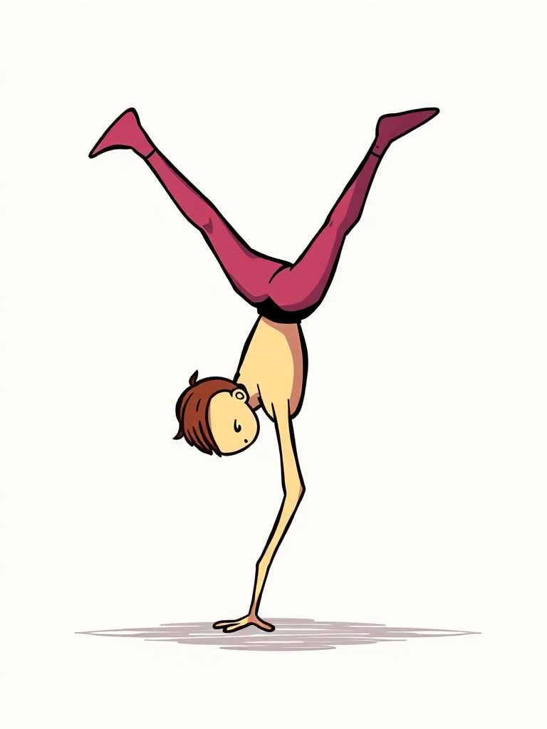 Create a vibrant, high-resolution illustration of a whimsical stick figure performing a handstand, 50mm lens, f/2.8 aperture, soft lighting, shot from a low angle with a DSLR camera to enhance clarity and detail.