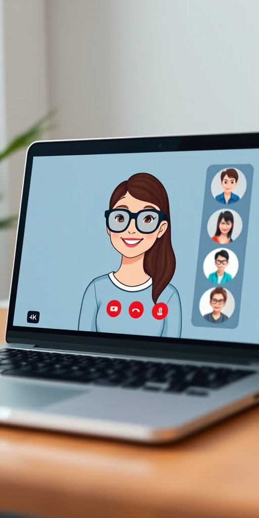 Create a digital illustration of a laptop screen displaying a video call interface with a friendly female character wearing glasses in the center and three smaller profile pictures on the right, using 4K resolution, with a camera angle of 45 degrees, a depth of field effect, and a vector graphic style.