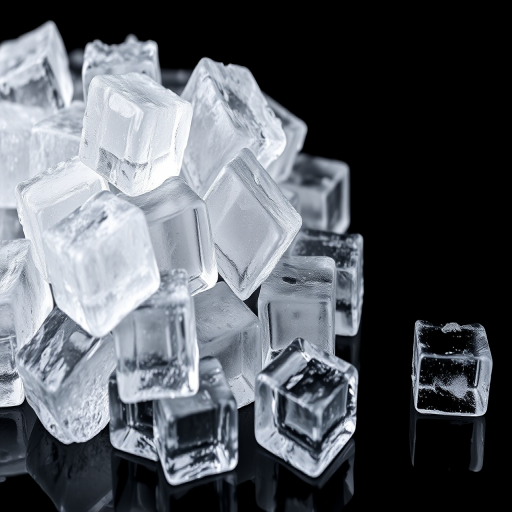 Create a high-resolution image of a pile of clear ice cubes on a black background, using a DSLR camera with a 50mm lens, aperture set to f/2.8, ISO 100, and a shallow depth of field to emphasize the texture of the ice.