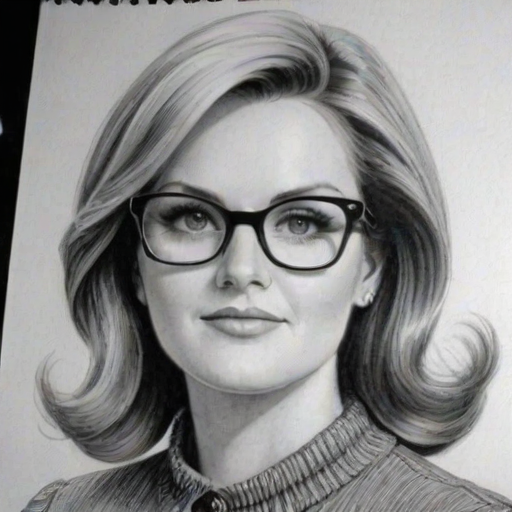 Pleasing Trisha Yearwood, pencil sketch, portrait of Enchanting woman 1960s in glasses, hair style beatnik, outline, clear lines, fine lines, 8k