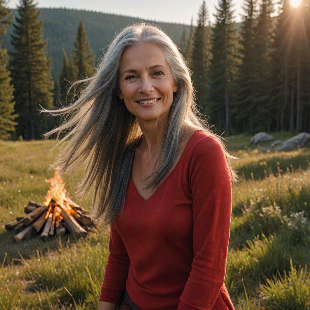 ultrarealistic, alluring caucasian woman, pirouette on her head, gray hair, long straight hair, she is wearing red clothes, the sun gently illuminates her hair. Ultrarealistic skin, stands in the meadow, 1 girl, age - about 50 years old, swarthy complexion, ultrarealistic skin, smiles gently, stands near the campfire. She looks sexy