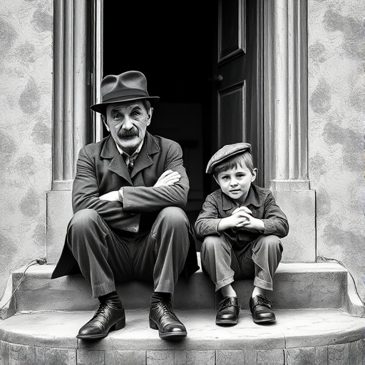 A black-and-white photograph of a man and a child sitting on steps in front of a doorway. The man is dressed as a tramp with a bowler hat, mustache, and ragged clothes, reminiscent of Charlie Chaplin's iconic look. He is sitting with his arms crossed and an expression of slight sadness or frustration. Next to him is a young boy, also in worn clothes and a cap, sitting with his hands clasped, looking thoughtful. The background is an old, textured wall and a partially open door, creating a vintage, early 20th-century atmosphere.