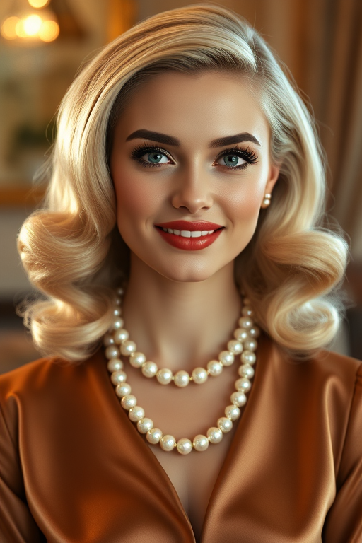 A beautiful Azerbaijani woman reminiscent of 1950s Hollywood glamour, with perfectly styled blonde hair and a seductive smile, dressed in a satin blouse and adorned with pearls, soft and warm tones, photorealistic, 8K