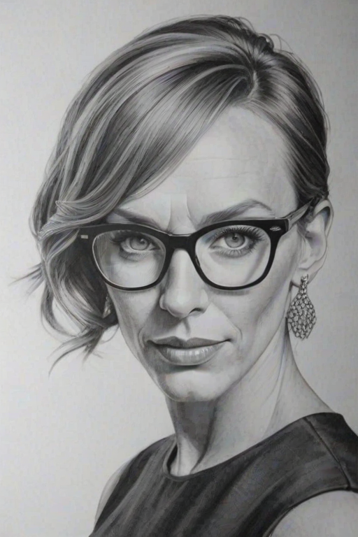 Superb Toni Collette, pencil sketch, portrait of Elegant woman 1956s in glasses, hair style beatnik, outline, clear lines, fine lines, 8k