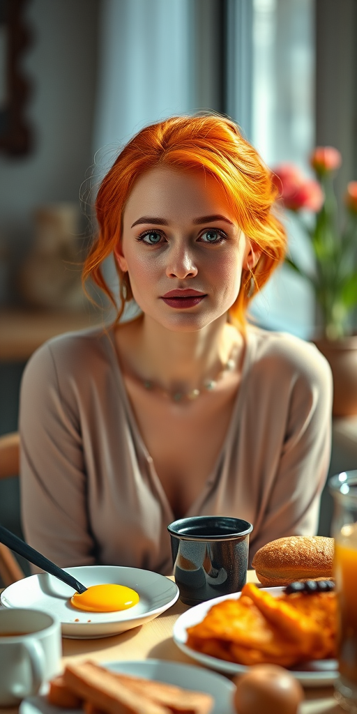 Create a high-resolution portrait of a woman with orange hair sitting at a table with a breakfast spread, soft natural lighting, shallow depth of field, with an emphasis on vibrant colors and fine details, captured with a DSLR camera, using a 50mm lens at f/1.8, ISO 200, and a slight vignette effect.