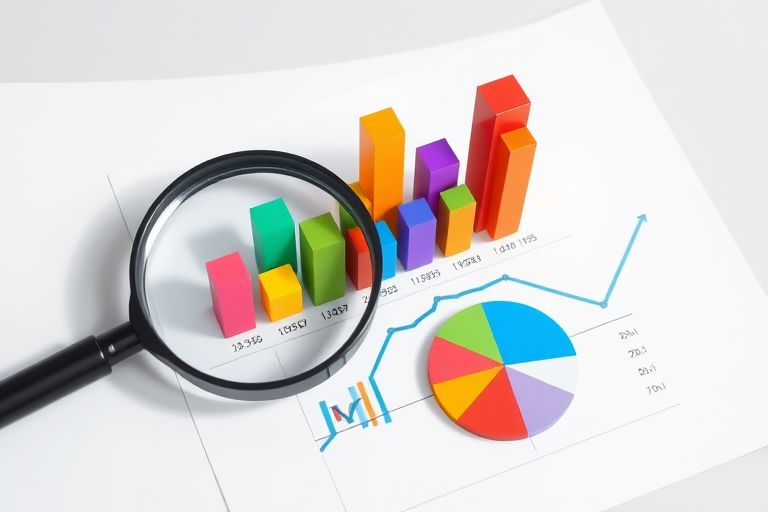 create a 3D render of colorful bar and pie charts on a clean surface with a magnifying glass, use a DSLR camera with a 50mm lens, aperture f/1.8, ISO 100, shutter speed 1/200s, use a top-down view to capture the details clearly