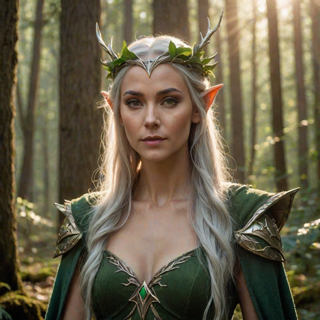 High quality portrait photo of an elven queen with pointy ears in the forrest wearing a laurel wreath. She is gazing at the viewer in an aloof and neutral manner. Voluminous rays of sunlight illuminating the forrest patch behind her