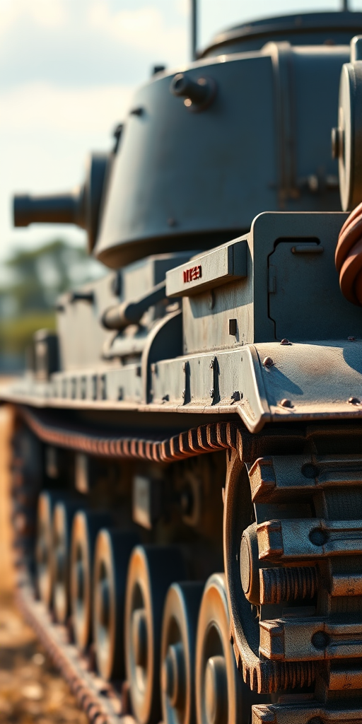 Generate a high-resolution illustration of a WWII tank side view, include intricate details on the armor and tracks, set in a bright outdoor environment, using a DSLR camera with f/8 aperture, ISO 100, and a 50mm lens for sharp focus and depth of field.