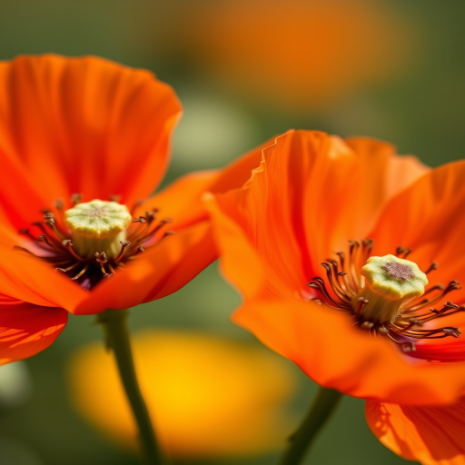 High-resolution macro photograph of two vibrant orange poppy flowers with intricate details in the petals and stamens, taken with a Canon EOS R5 at f/2.8, ISO 100, and 1/200 sec, using a 100mm macro lens, soft natural lighting, and a blurred background for depth.