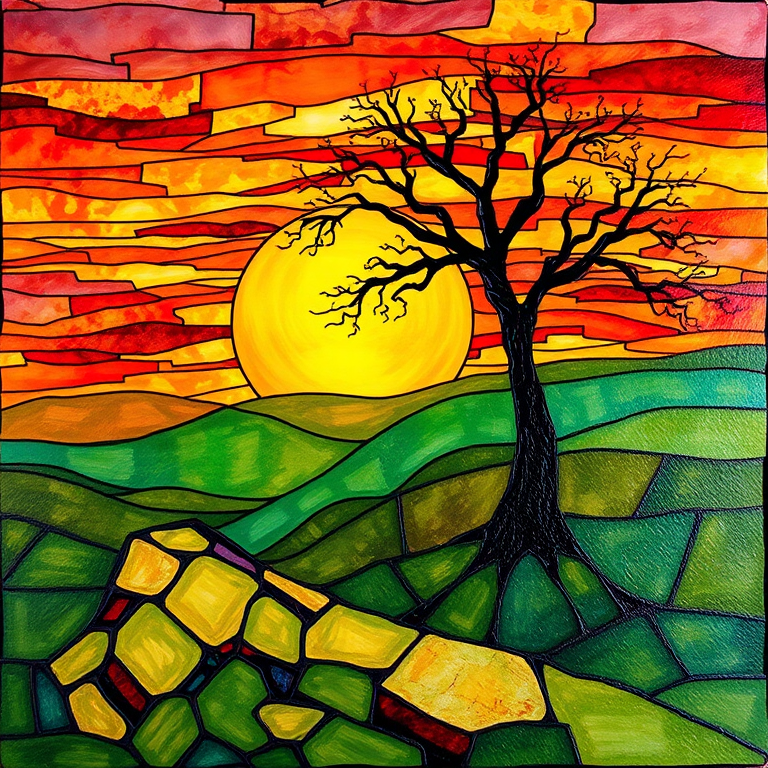 A vibrant abstract painting on Tiffany Glass, blending acrylic and alcohol ink techniques, captures a dramatic sunset over rolling hills. The artwork features a textured, rocky foreground in green and brown, layered abstract hills, and a striking sunset in rich oranges, yellows, and reds. A solitary black tree with intricate branches contrasts against the fiery sky, creating a dynamic and expressive portrayal of a breathtaking natural scene.