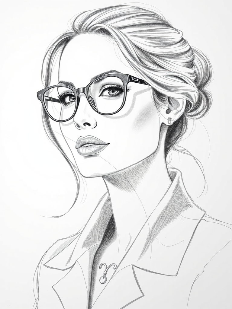Beautiful Angelina Jolie, pencil sketch, portrait of beautiful woman 60s in glasses, hair style beatnik, outline, clear lines, fine lines, 8k