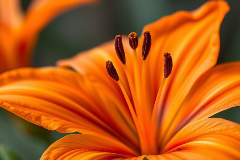Generate a high-resolution image of an orange flower similar to a lily, featuring vivid petals with purple stamen, captured in macro view using a DSLR camera with aperture set to f/2.8, ISO 100, and a focal length of 60mm for optimal detail and color vibrancy.