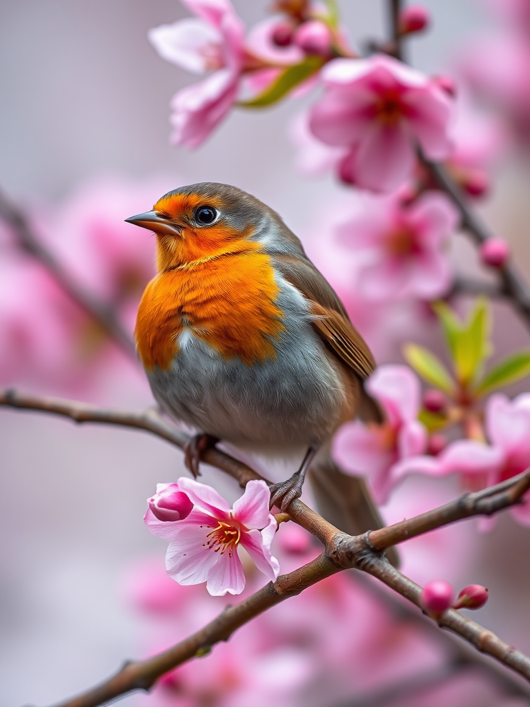 capture a close-up of a robin perched on a branch with pink blossoms in the background, use a DSLR camera with a 85mm lens, aperture set at f/2.8 for shallow depth of field, ISO 200, and shutter speed 1/250s for sharpness and detail.