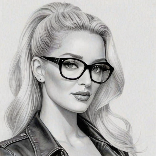 Delightful Erika Jayne, pencil sketch, portrait of Radiant woman 1978s in glasses, hair style beatnik, outline, clear lines, fine lines, 8k