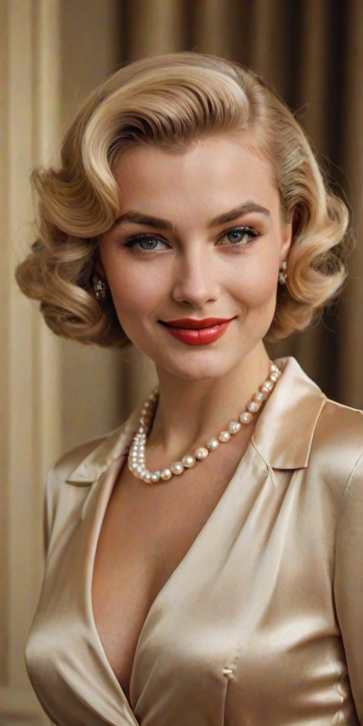 A beautiful Caucasian woman reminiscent of 1950s Hollywood glamour, with perfectly styled blonde hair and a seductive smile, dressed in a satin blouse and adorned with pearls, soft and warm tones, photorealistic, 8K