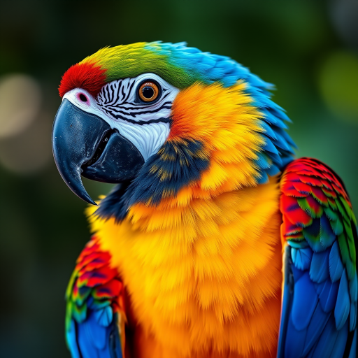 a vibrant portrait of a colorful parrot with rich details, shot with a Canon EOS R5, 85mm lens, f/1.4 aperture, 1/200s shutter speed, ISO 100, natural light, shallow depth of field, high dynamic range, emphasizing bold colors and textures.