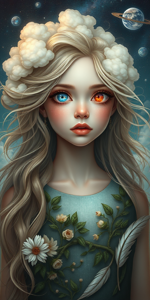 Create a series of imaginative portraits where each subject is infused with elements of fantasy and nature. The hair of the individuals should flow like clouds, varying from soft, fluffy cumulus to wispy cirrus strands, with hints of color reflecting a sunset or a clear blue sky. The eyes should be windows to entire galaxies, with stars, nebulae, and distant planets visible within them. Clothing should be adorned with nature motifs, such as floral patterns that bloom and change, vines that seem to grow and wrap around, or feathers that shimmer with iridescence. Each portrait should capture a unique personality, blending human features with the ethereal beauty of the natural and cosmic world. The backgrounds can vary, from starry night skies to enchanted forests, adding depth and context to the magical realism of the portraits