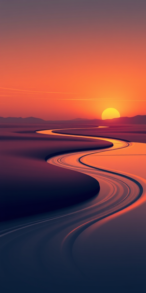 create an abstract landscape depicting a river winding through a smooth, reflective surface at sunset with a gradient sky and flowing lines representing water movement