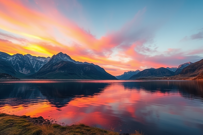 Create a high-resolution image of a picturesque landscape featuring mountains and a lake during sunset with vibrant colors, using a Canon EOS 5D Mark IV camera, 24mm lens, aperture f/8, ISO 100, and a shutter speed of 1/250 seconds, shot from a low angle to capture reflections on the water with a soft depth of field.