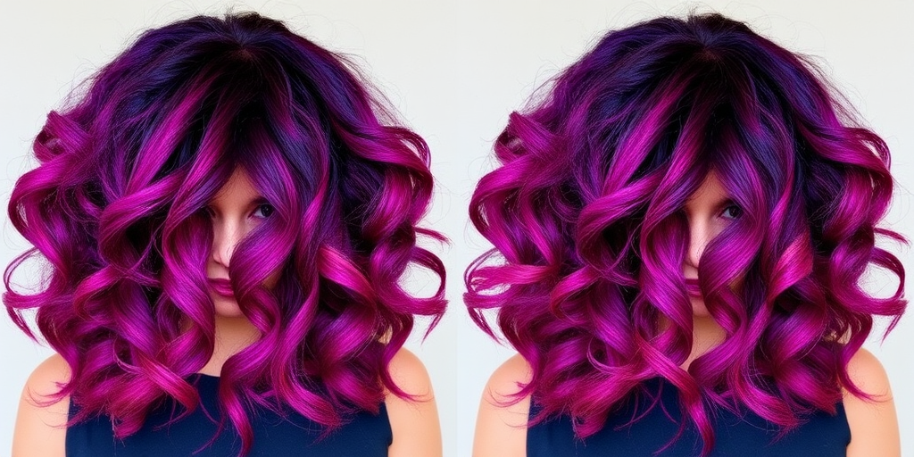 Deep purple to magenta gradient hair styled in loose spiral curls, known as "Twilight Cascade" style, featuring a center part and face-framing tendrils