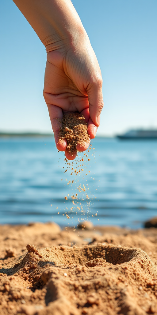 Create an image of a hand scattering soil or sand by a tranquil lake with a clear blue sky, using a DSLR camera at f/2.8 aperture, 1/2000 shutter speed, 50mm lens, with bright daylight settings and a shallow depth of field to enhance focus on the hand and particles.