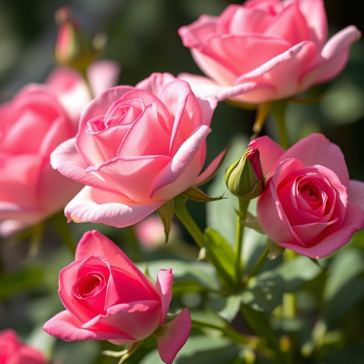 Create an ultra-realistic close-up image of vibrant pink roses with soft natural lighting, using a DSLR camera, 50mm lens, f/2.8 aperture, ISO 100, 1/200 sec shutter speed, and a shallow depth of field to enhance the details and colors.