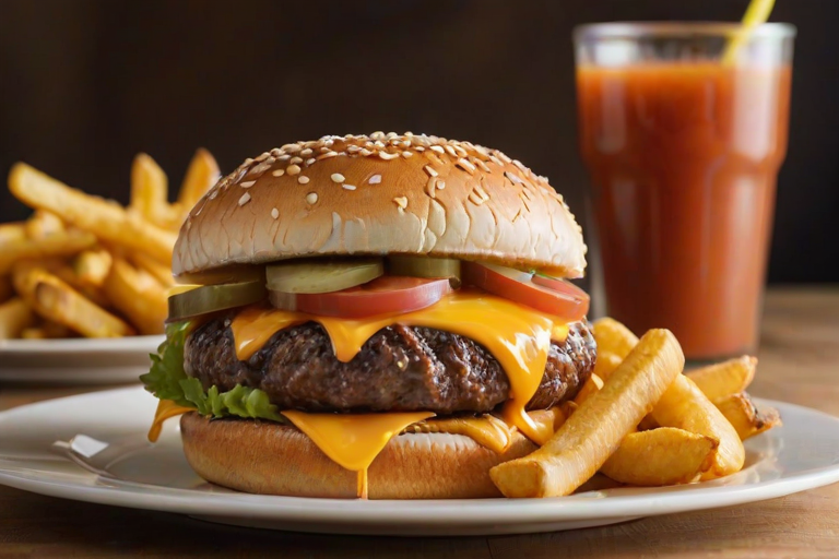 High-resolution, close-up image of a gourmet double cheeseburger. The burger features a glossy, sesame-seed-topped brioche bun. Inside, there are two thick, juicy beef patties, each topped with melted cheddar cheese. The burger is garnished with fresh lettuce, tomato slices, diced onions, and pickles. A generous amount of ketchup and a creamy, orange-colored sauce is dripping down the sides, adding to the mouth-watering appeal. In the background, there are blurred elements including a side of golden French fries and a hint of a beverage, enhancing the overall presentation of a delicious meal.