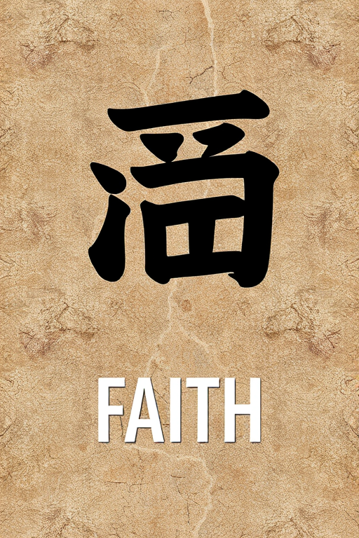 Create a high-resolution image of a textured background resembling stone, featuring the Chinese character for faith in bold black calligraphy at the center, with the word "FAITH" in white sans-serif font below in a modern style, shot with a DSLR camera, f/2.8 aperture, 50mm lens, ISO 100, natural lighting for enhanced detail and clarity.