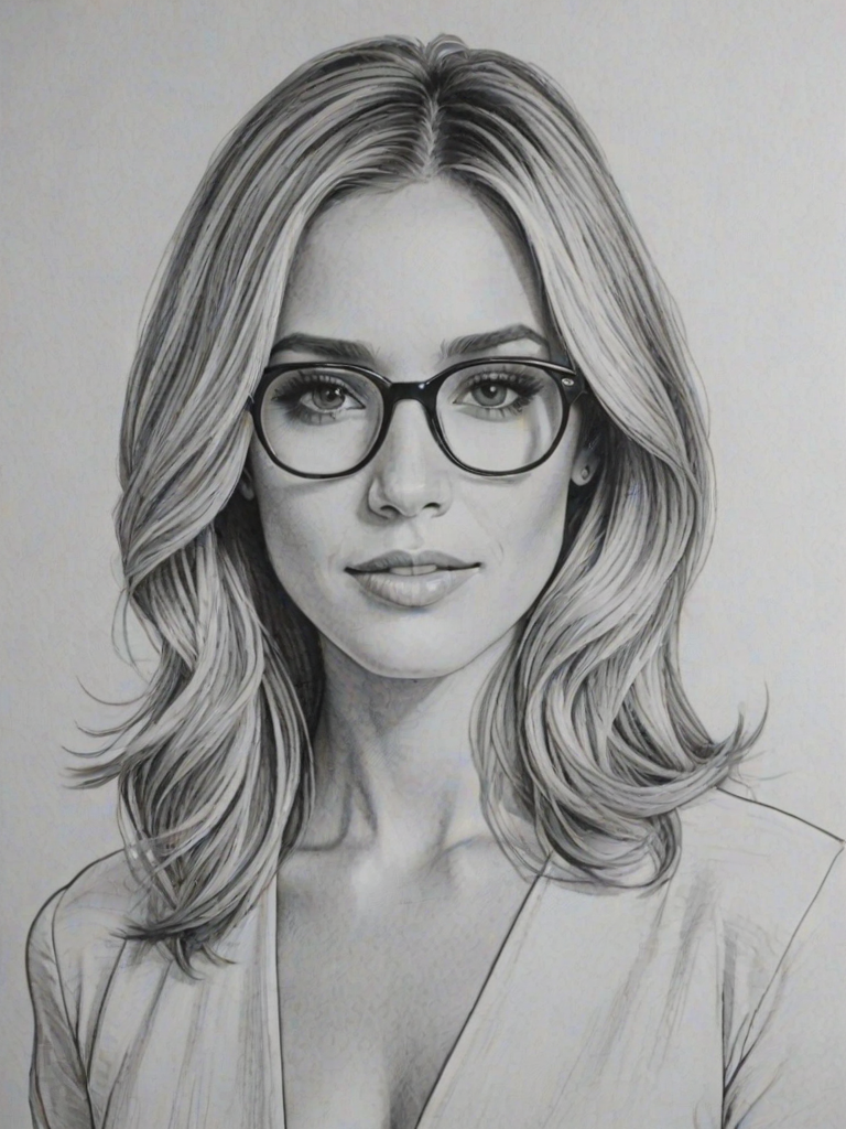 Bewitching Kristin Cavallari, pencil sketch, portrait of Magnificent woman 1972s in glasses, hair style beatnik, outline, clear lines, fine lines, 8k