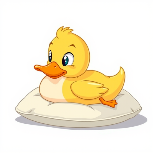 A cartoon duck lying on its back on a pillow with a simple, clean white background