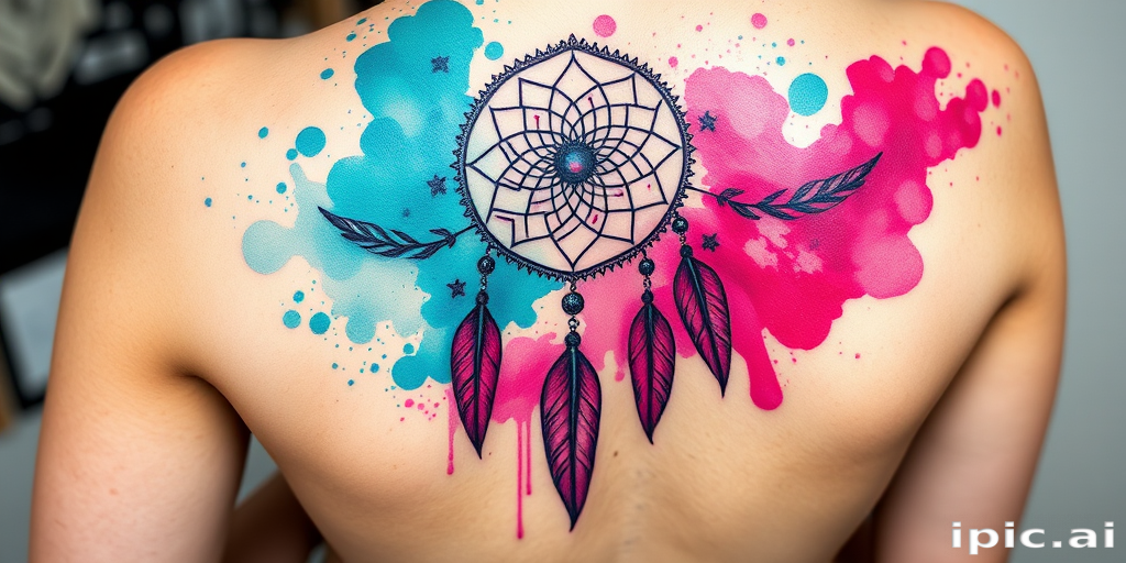 Stunning watercolor tattoo design featuring vibrant splashes of teal and magenta forming a dreamcatcher with feathers cascading down the spine intricate linework and soft gradients blend seamlessly