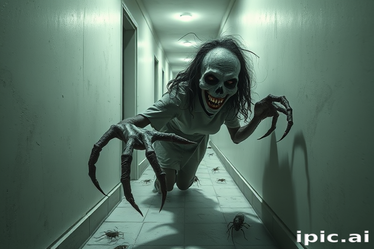 a crooked woman with long arms and a creepy smile is crawling along a long white corridor and you can also see cockroaches in it there is a creepy atmosphere creepy art style
