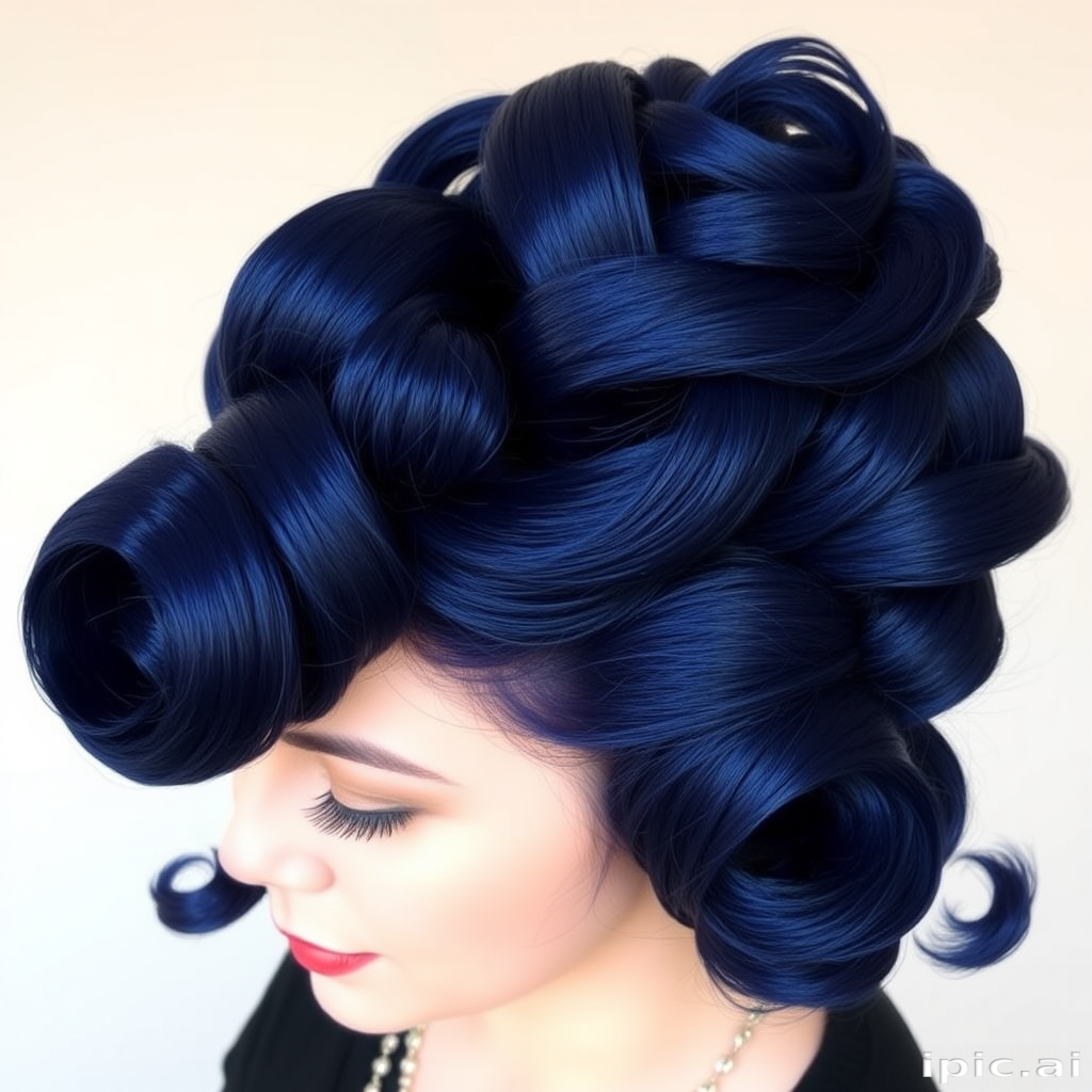 Deep sapphire blue locks styled in a voluminous, retro-inspired bouffant with victory rolls, channeling vintage glamour in the "Midnight Starlet" hairstyle