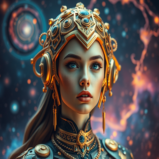Create a portrait of a futuristic female figure with intricate golden headgear, surrounded by vibrant cosmic elements and swirling galaxies, shot with a Canon EOS R5 at f/1.8, ISO 100, 85mm lens, in a soft focus style for enhanced depth and detail.
