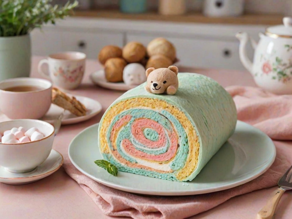 Create a cozy and aesthetic kitchen scene featuring a pastel-colored Swiss roll cake decorated with cute bear patterns. Include a cup of tea, a small bowl of marshmallows, and some fresh herbs in the background for a warm, inviting atmosphere.