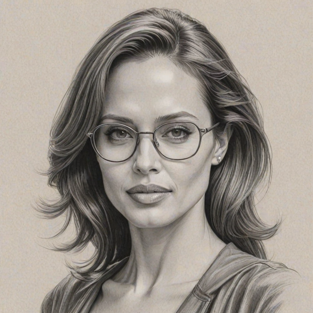 Splendid Angelina Jolie, pencil sketch, portrait of Radiant woman 1933s in glasses, hair style beatnik, outline, clear lines, fine lines, 8k