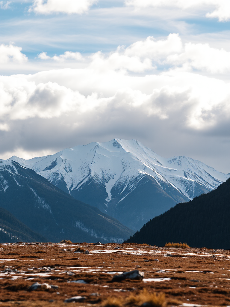 Capture a high-resolution landscape photograph of a snow-covered mountain range under a partly cloudy sky, using a DSLR camera with a wide-angle lens, aperture set to f/8, ISO 200, shutter speed 1/250 sec, ensuring a sharp foreground and dramatic sky.