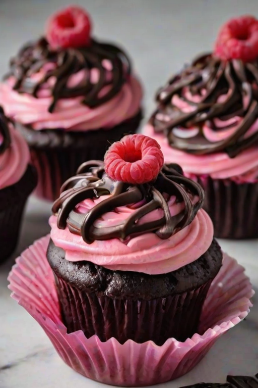 Create an image of delicious chocolate cupcakes topped with pink raspberry frosting, drizzled with dark chocolate. Each cupcake should be garnished with fresh raspberries and arranged on a white marble surface. The overall presentation should be appetizing and visually appealing, highlighting the contrast between the dark chocolate and the bright pink frosting.