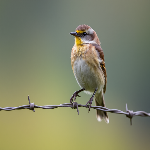 Close-up of a common bird perched on a barbed wire fence, soft blurred background, taken with a DSLR camera, 200mm lens, f/4 aperture, ISO 200, natural light, shallow depth of field.